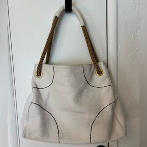 Plinio Visona Cream Leather Shoulder Bag with Brown Rope Handles